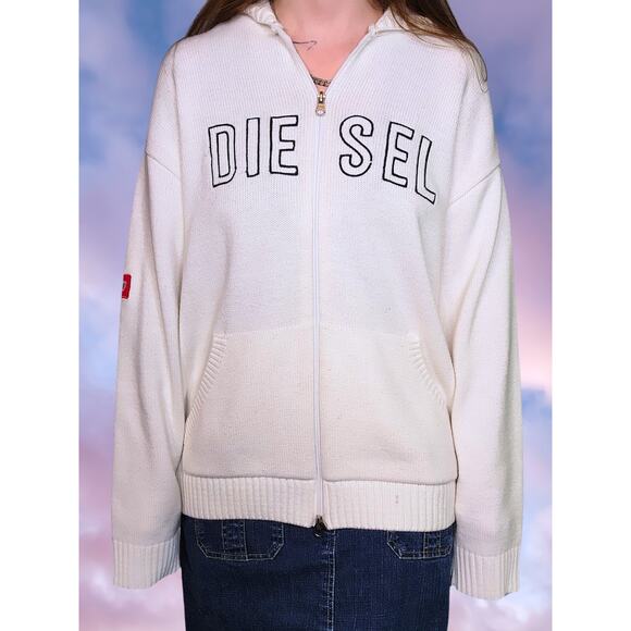 Diesel Sweaters - White Y2k Knit Navy Varsity Letter Diesel Two Way Zip Up Sweater Hooded Sz XXL